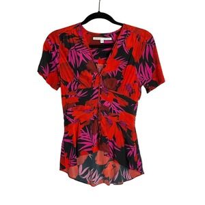 Veronica Beard Pevero Floral Silk Blouse Ruched V-Neck Button Front Short Sleeve
